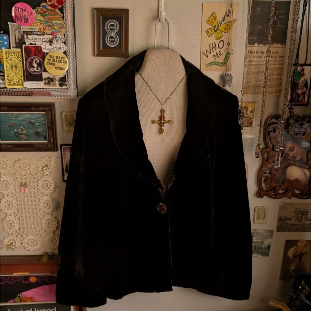 Vintage Silk Velvet Blazer Women's 16W XL Dark Brown